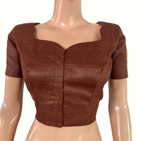 Pure Tusar Silk Scallop Neck Blouse with Embroidery Patches and Lining ...