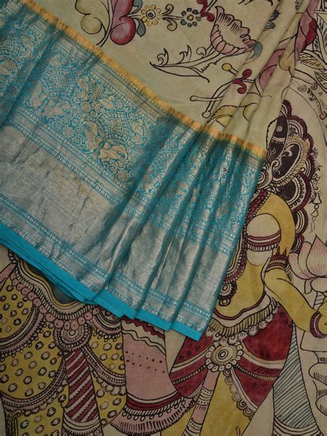 Cream and Light Blue Kalamkari Hand Painted Kanchipuram Silk Handloom ...
