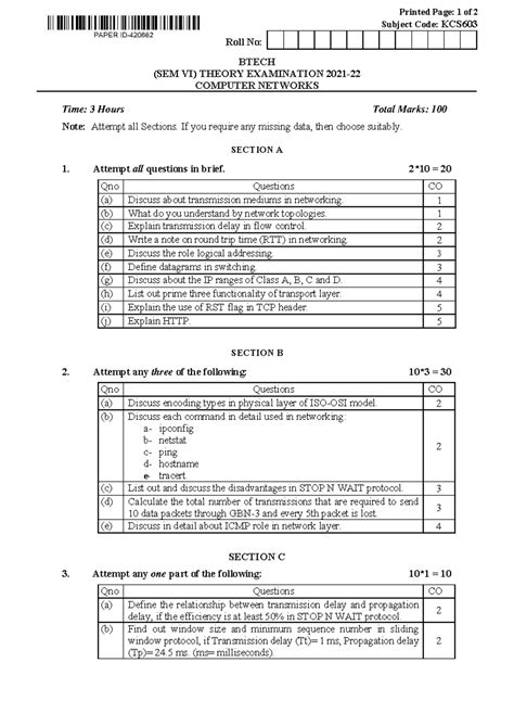 BTech CS VI Sem Computer Networks KCS603 Theory Exam Notes - Studocu