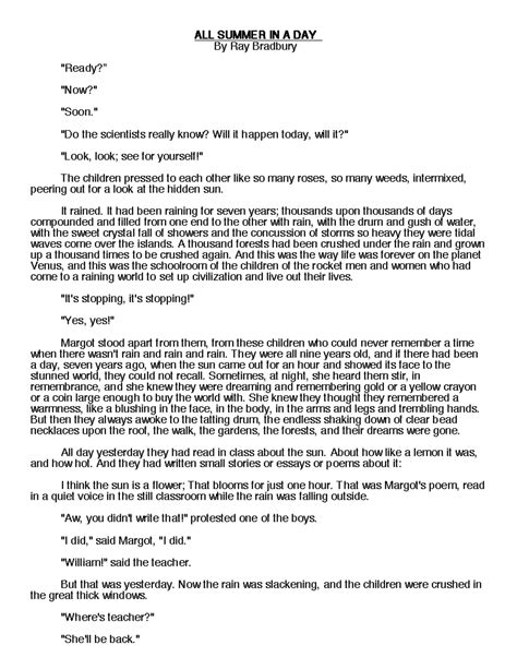 All Summer in a Day Story - ALL SUMMER IN A DAY By Ray Bradbury "Ready ...