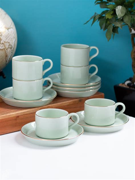 Rio Cup & Saucer, 135ml, Set of 12 (6 Cups + 6 Saucers), Green (1101 ...