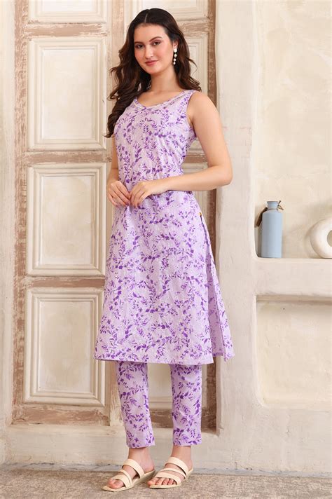 Buy Purple Floral Embroidered Straight Cotton Spaghetti Kurta and ...
