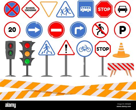 Cartoon traffic light and road signs for kids safety. Caution and ...