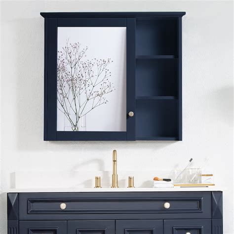 WELLFOR Solid Wood 34-in x 30-in Surface Mount Navy Blue Mirrored Soft ...
