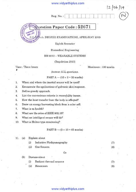 BM 6012 Eighth Sem 2019 QP: Wearable Systems Exam Paper - Studocu