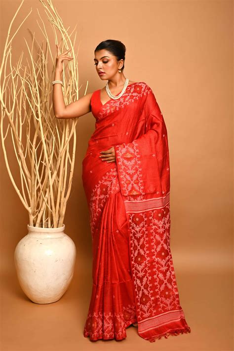 Pure Tussar Jamdani Saree (Red) - Prativa – Prativa Collection