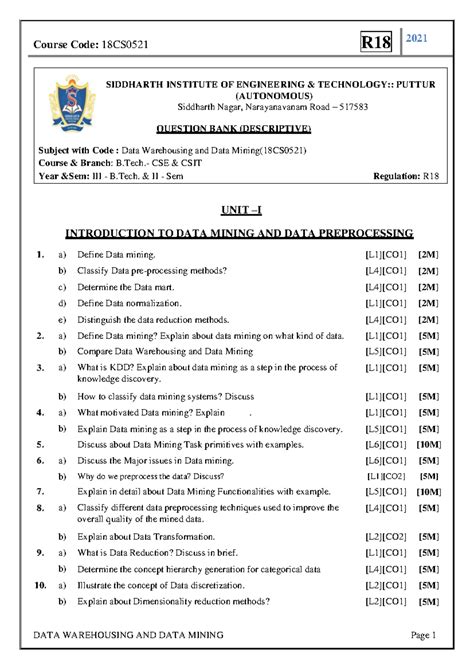 18CS0521-Data Warehousing and Data Mining - Course Code: 18 CS0521 R1 8 ...
