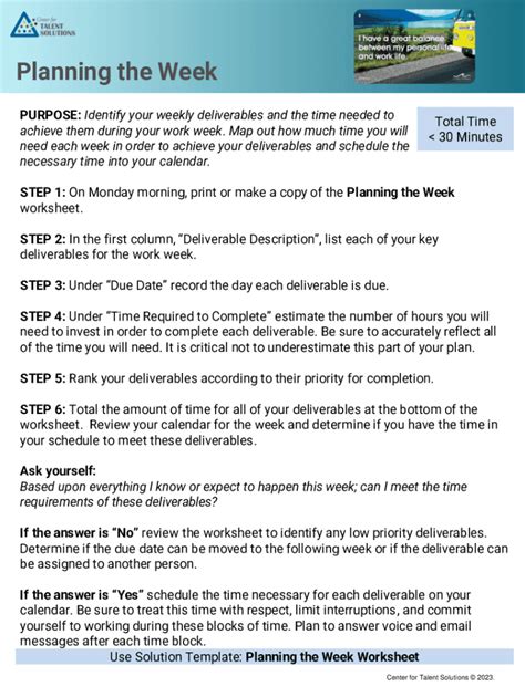 Fillable Online 7 Steps to a Productive Weekly Work Plan - Free ...