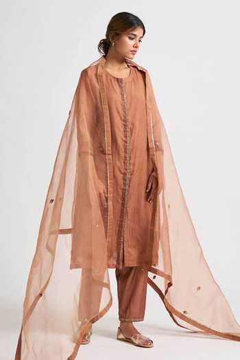 Buy Beige Organza Hand Embroidered Thread Work Round Kurta Set For ...