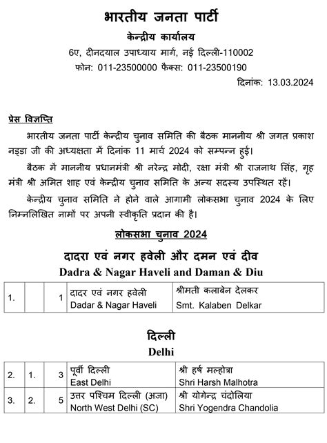 Second list of BJP candidates for ensuing General Elections 2024 to the ...