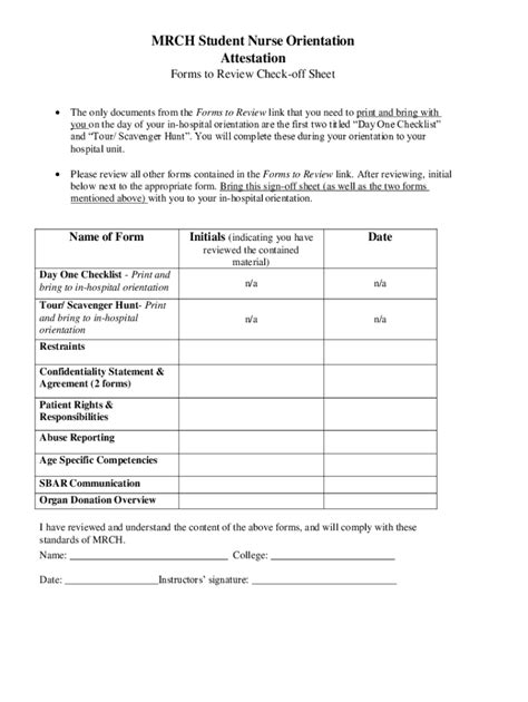 Fillable Online MRCH Student Nurse Orientation Forms to Review Check ...
