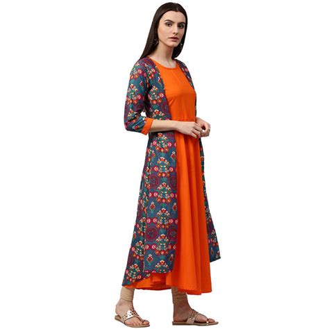 Blue & Orange printed 3/4th sleeve Cotton double layer A-line kurta ...