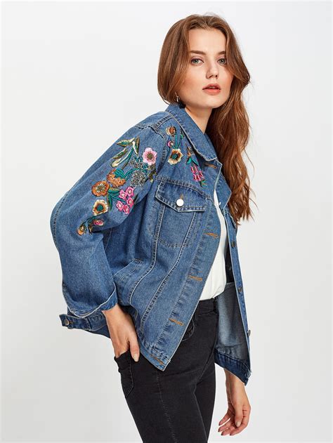 Flower Embroidered Denim Jacket -SheIn(Sheinside)
