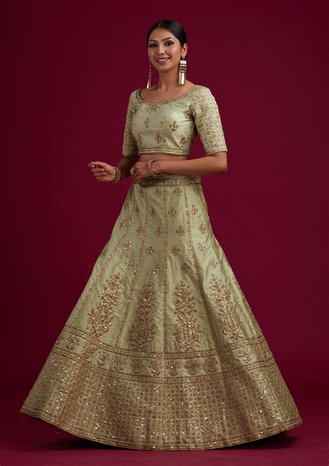 Buy Pista Green Zariwork Raw Silk Semi Stitched Lehenga - Koskii