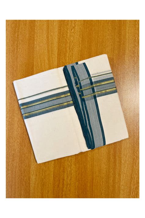 Southloom Premium Handloom Cotton Double Mundu with Kasavu And Green L ...