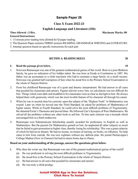 Jeenspsu 25 - CBSE English X Sample Paper 25 Page 1 Install NODIA App ...