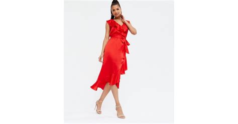 Red Satin Frill Yoke Asymmetric Ruffle Midi Dress | New Look