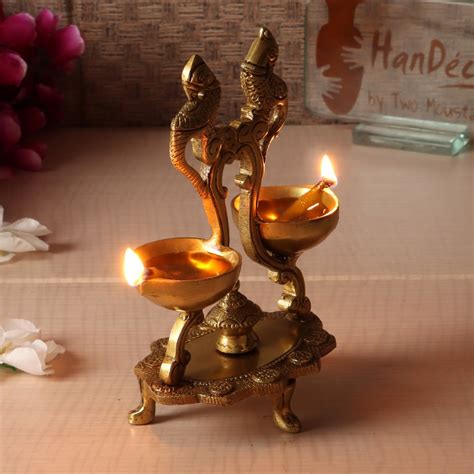 Ethnic Peacock Design Twin Oil Wick Brass Diya (Golden)
