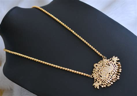 Gold tone white-ruby-green stone Lotus South Indian pendant with chain ...