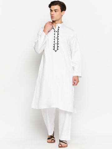 Embroidery Details Cotton Fabric Men's White Kurta Pajama Set – Nabia