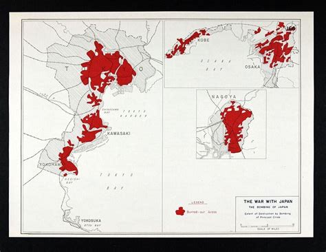 WWII Map Japan War Bombing Tokyo Yokohama Kawasaki Osaka Nagoya Kobe ...