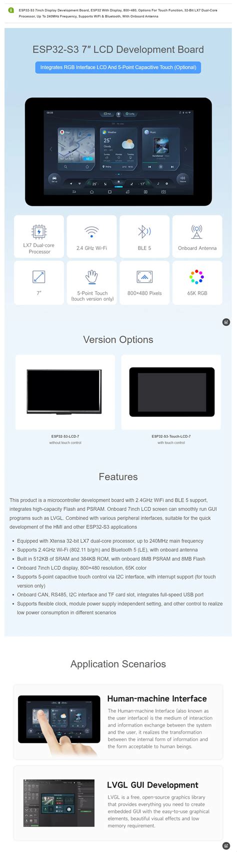Esp32-s3 7-inch 5-point Touch Display Module, Wifi & Bluetooth - Oem
