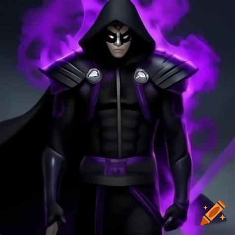 Villain in black and purple attire with shield, sword, mask, cape, and ...