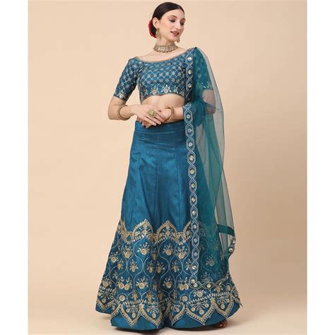 Rama Blue Party Wear Sequins Embroidered Satin Lehenga