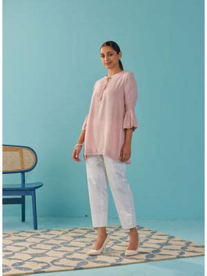Buy Lakshita Pink Solid Tunic with Keyhole Neck and Bell Sleeves Online