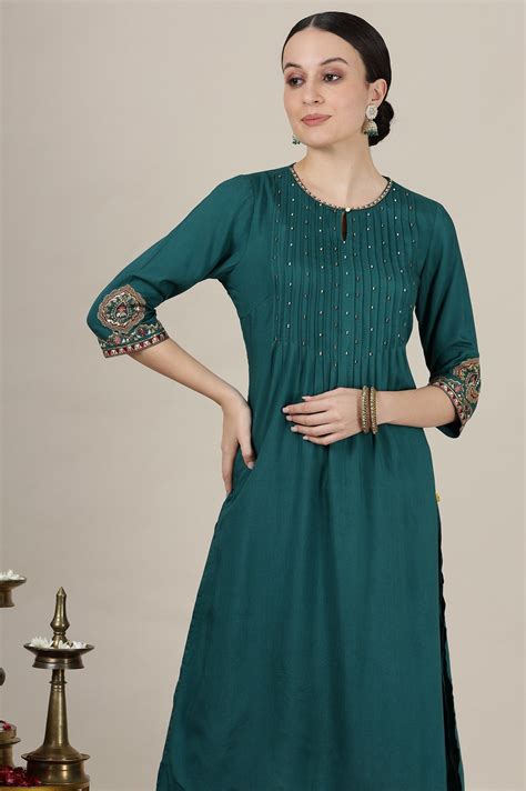 Buy Emerald Green Sequined & Embroidered Straight Kurta with Pleated ...