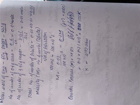 Osmotic pressure of solution containing 0.6 g ureaand 3.42 g sugar in ...