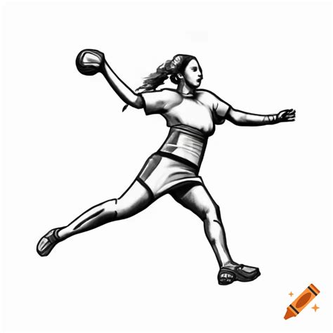 Female handball player jumping forward in action with ball on Craiyon