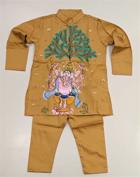 Saffron Yellow Boys Ganesh Theme Pattachitra Kids Kurta & Pyjama Set ...