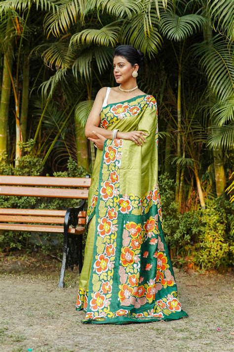 Bottle Green & Pista Tussar Kantha Saree With Blouse Piece – Ethnic ...