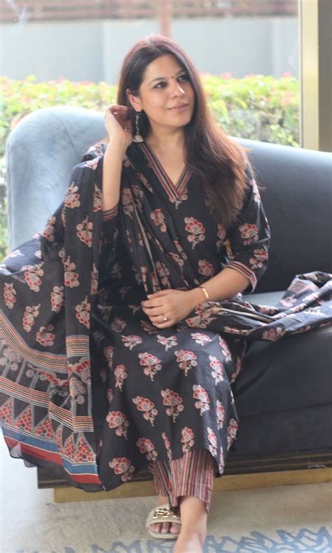 Cotton Ajrakh Print Black Suit Set with Printed Cotton Dupatta – Baareeki