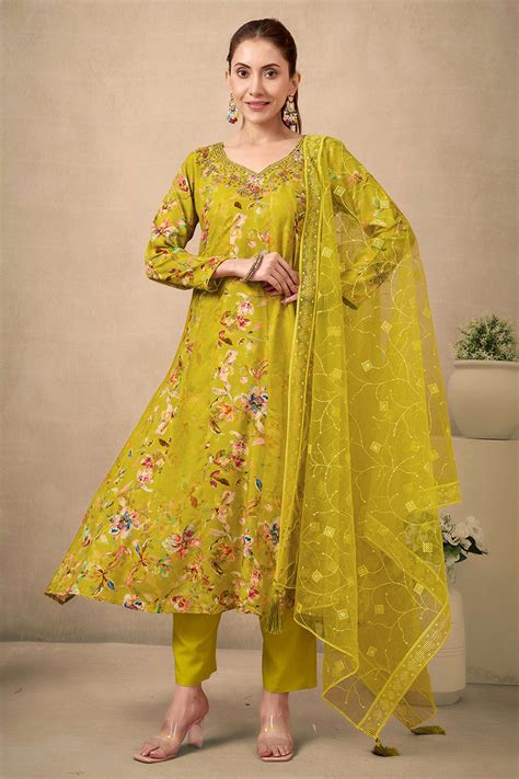 Mustard Floral Printed With Handwork On Neck Rayon Anarkali Salwar Sui