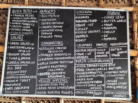 Menu at Shaka Shack, Mahabalipuram