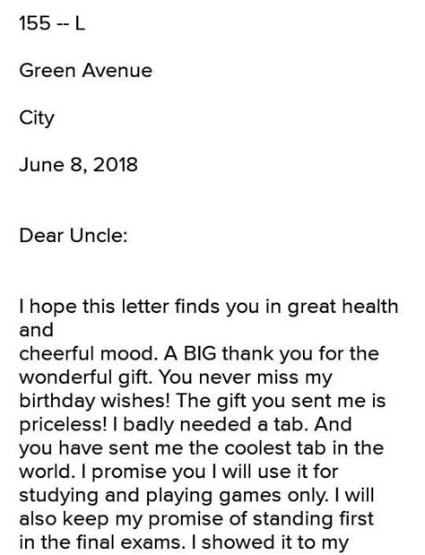 Q2. Write a letter to your uncle thanking him for the birthday present ...