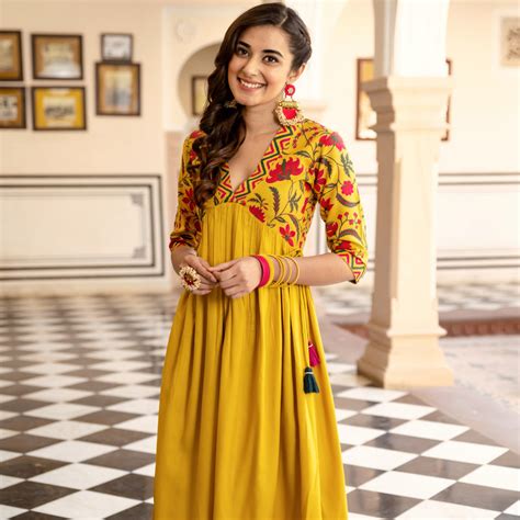 Buy Mustard V Neck Alia Cut Gathered Dress with Tassels | Rustorange