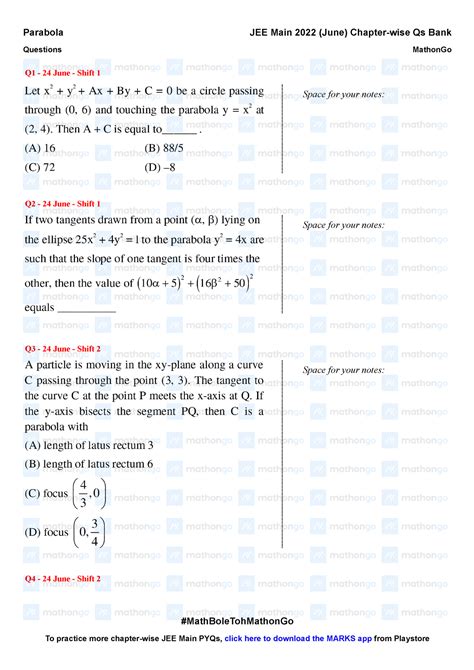 Parabola - JEE Main 2022 Chapter wise Questions by Mathon Go - Q1 - 24 ...