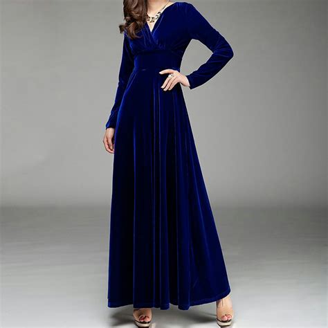 Buy Code Yellow Women's Royal Blue Velvet V-Neck Long Winter Dress ...