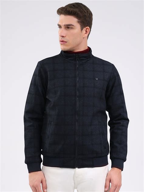 Buy Men Navy Blue Solid Mock Neck Full Sleeve Jacket Online in India ...