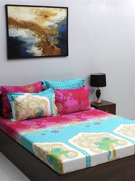 Bombay Dyeing Celebrating India 210 TC Cotton Blue Double Bedsheet with ...