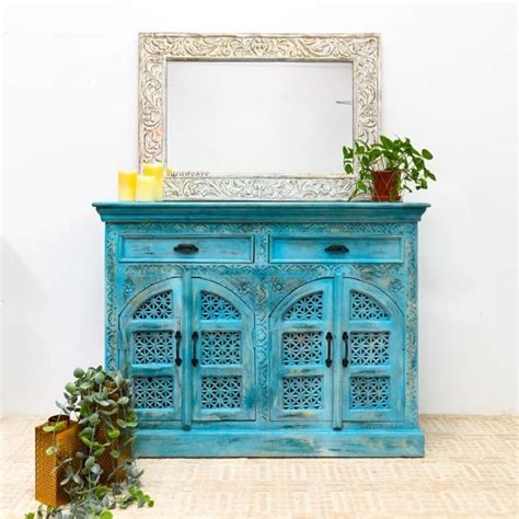 Sarba Wooden Carved Storage Cabinet with Mirror (Blue Distress) – Furnweave