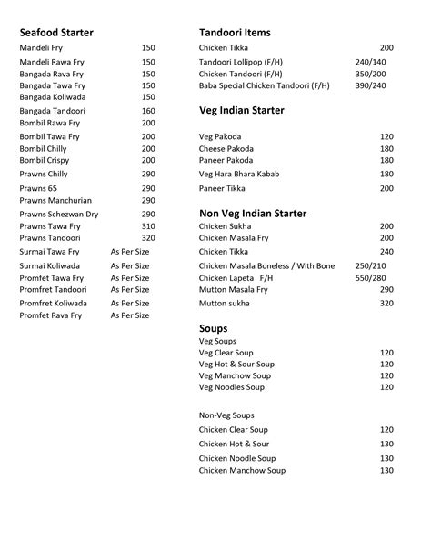 Menu of Hotel Baba Restaurant & Bar, Seawoods, Navi Mumbai