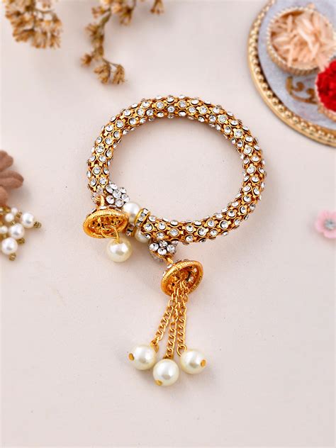 Kundan & Pearl Embellished Elegant Lumba Bracelet Rakhi – Aapno Rajasthan