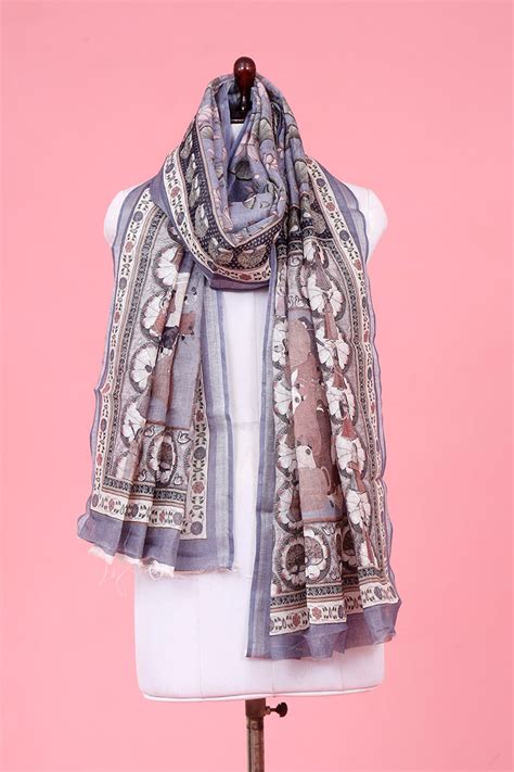 Steel Grey Linen Dupatta with Digital Pichwai Floral Motifs – Chinaya ...