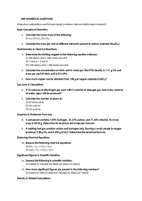 🔢 IMP Numerical Questions CH 1 for Basic Concepts of Chemistry - Studocu
