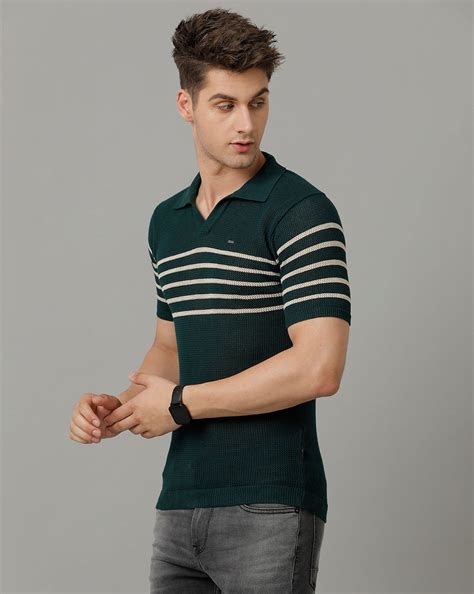Identiti Green Half Sleeve Striped Slim Fit Cotton Casual Polo T-Shirt