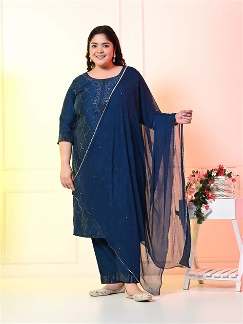 Plus Size Teal Blue Ceroski Kurta Set with Dupatta – DESINOOR.COM